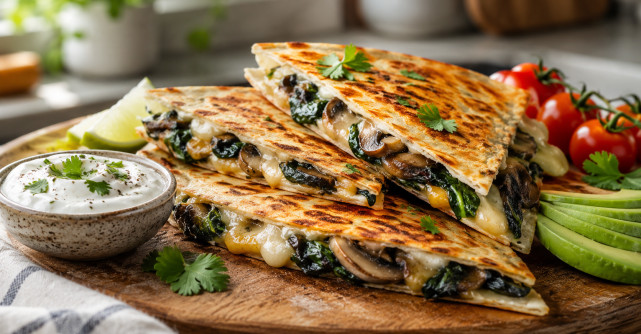 Quesadilla cu ciuperci, spanac și cașcaval: rețeta crocantă de 15 minute pentru o cină lejeră