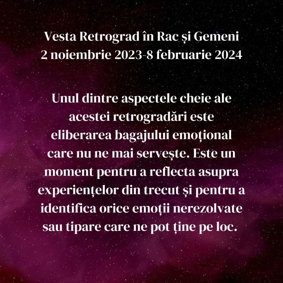 Vesta Retrograd în Rac și Gemeni până în februarie 2024. Energia întunecată a traumei este transformată în lumină
