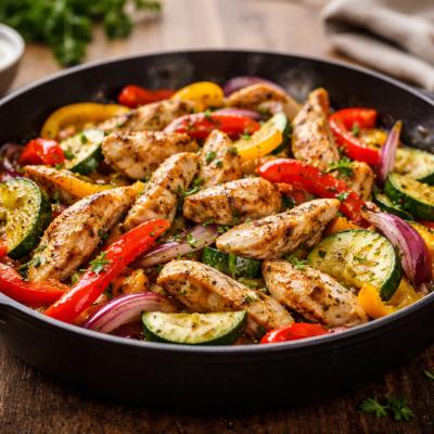 Cină proteică în 15 minute pentru 2 persoane: pui la tigaie cu legume și sos de iaurt