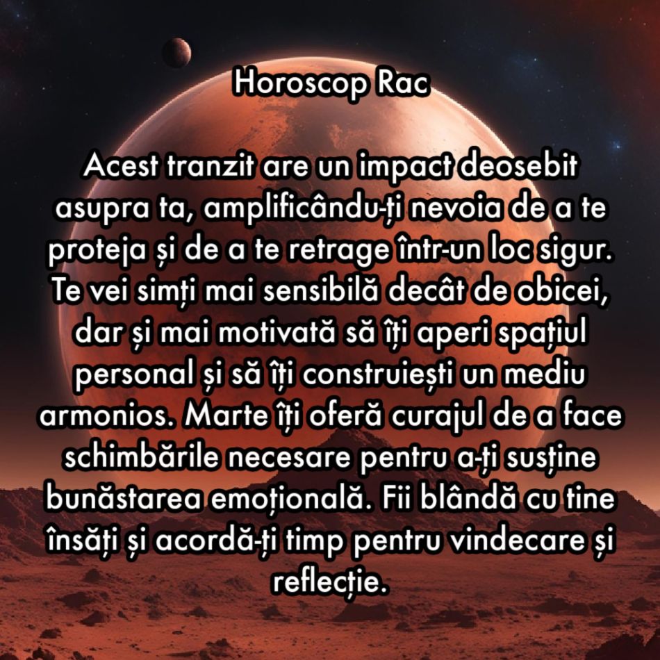 4 Septembrie: Marte intră în Rac pentru a îndruma inima către vindecare. Universul aprinde flacăra emoțiilor ascunse