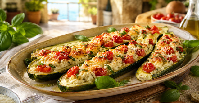 Dovlecei umpluți cu ricotta, roșii și mozzarella: cina de vară ușoară care se rumenește spectaculos la cuptor