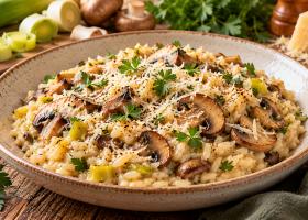 Orez cremos cu praz, ciuperci și parmezan – rețetă de toamnă