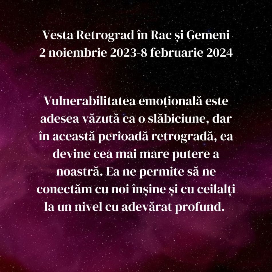 Vesta Retrograd în Rac și Gemeni până în februarie 2024. Energia întunecată a traumei este transformată în lumină