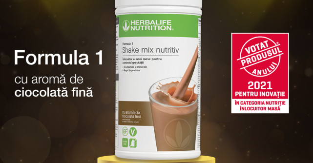 Shake-ul înlocuitor de masă Herbalife Nutrition Formula 1 cu aromă de ciocolată fină a câștigat premiul Votat Produsul Anului