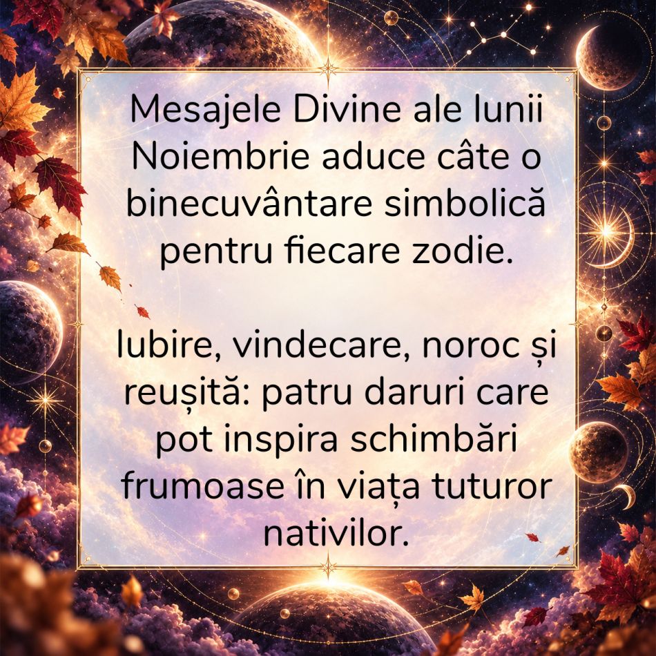 Mesajul DIVIN pentru fiecare zodie în luna Noiembrie: ce îți aduce iubire, vindecare, noroc și reușită