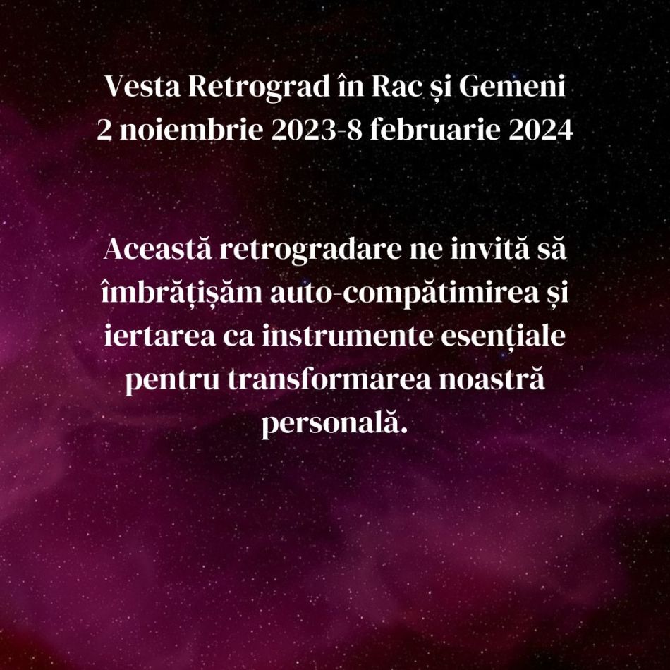 Vesta Retrograd în Rac și Gemeni până în februarie 2024. Energia întunecată a traumei este transformată în lumină