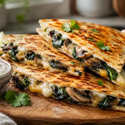 Quesadilla cu ciuperci, spanac și cașcaval: rețeta crocantă de 15 minute pentru o cină lejeră