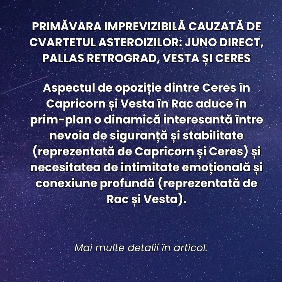 Primăvara imprevizibilă a deciziilor bruște cauzată de cvartetul asteroizilor:  Juno direct, Pallas retrograd, Vesta și Ceres