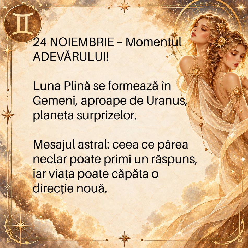 Luna Plină schimbă DESTINUL! În Noiembrie, GEMENII primesc răspunsul care le poate aduce o mare ELIBERARE