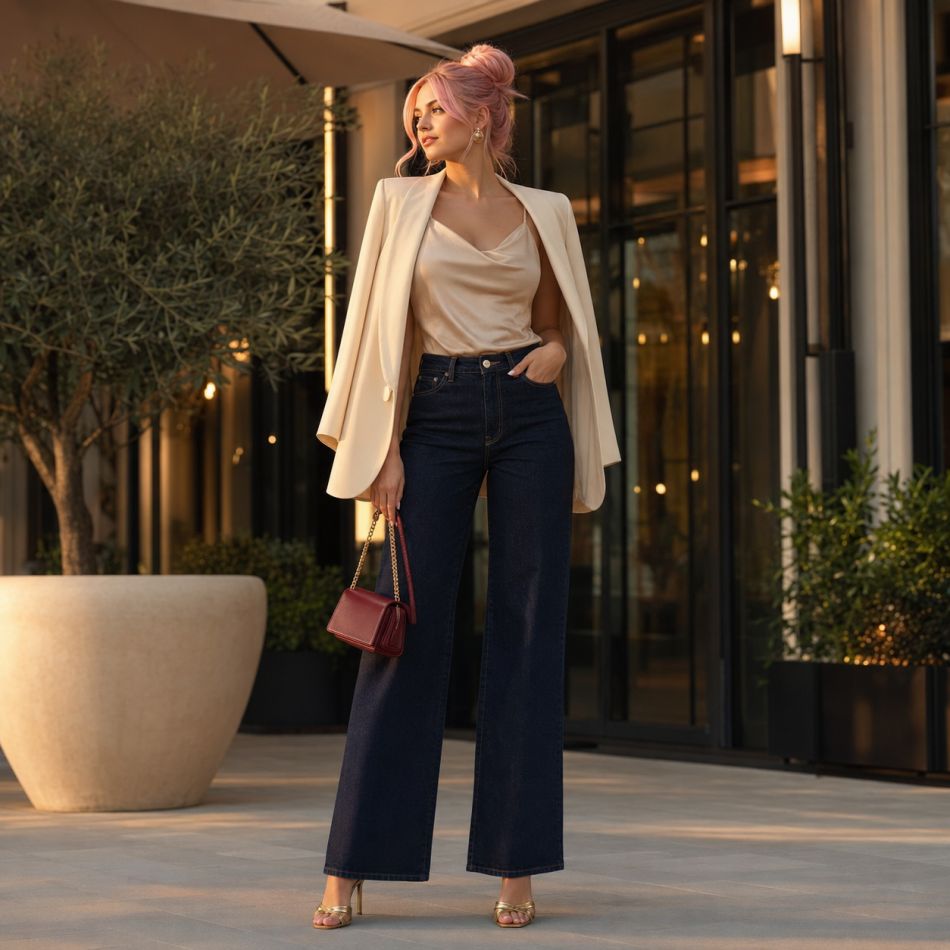 Denim închis la culoare: 5 ținute care arată mai elegant decât blugii clasici și se potrivesc de dimineață până seara