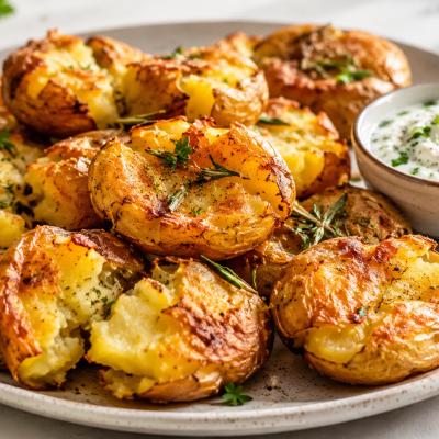 Cartofi „zdrobiți” la cuptor sau air fryer: crocanți la exterior, moi în interior, gata fără bătăi de cap