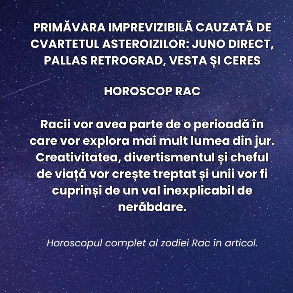 Primăvara imprevizibilă a deciziilor bruște cauzată de cvartetul asteroizilor:  Juno direct, Pallas retrograd, Vesta și Ceres