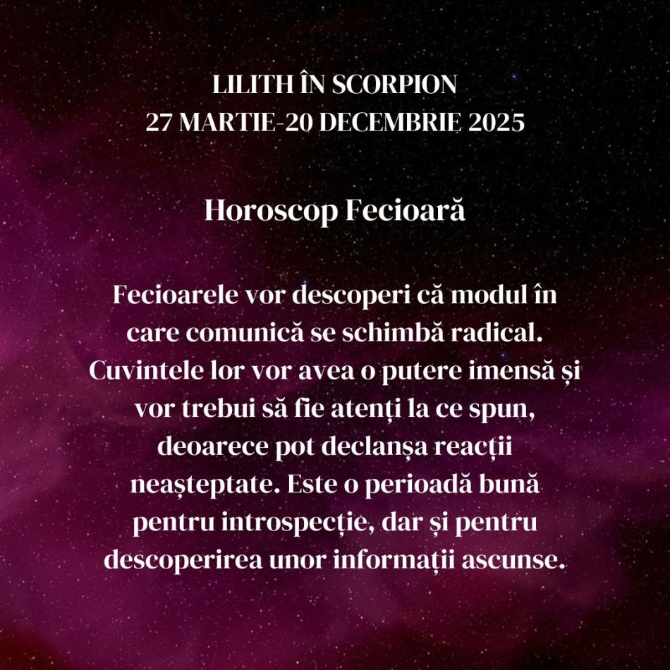 Lilith, Luna Neagră, se mută în Scorpion până în decembrie 2025. Inimile frânte sunt răzbunate, iar relațiile se intensifică