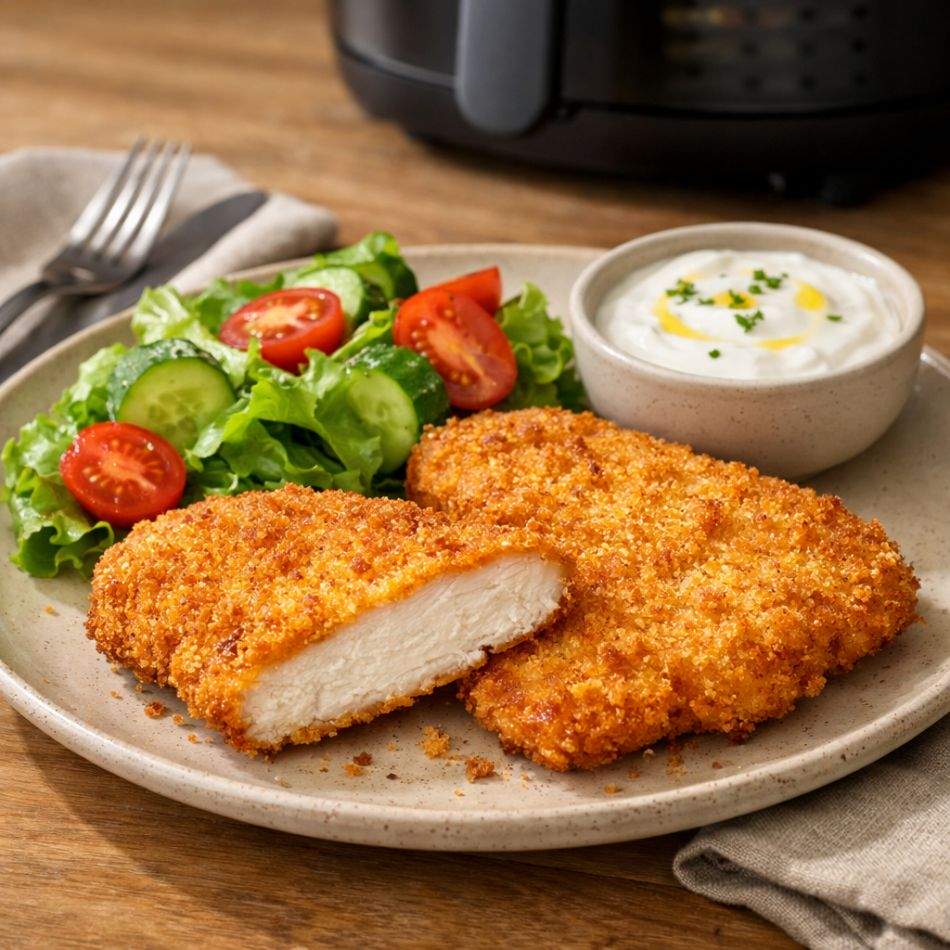 Rețete care te fac să îți lase gura apă: pui crocant la air fryer în 3 variante (șnițel, crispy, strips)