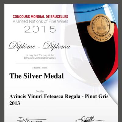 Feteasca Regala si Pinot Gris 2013 de la crama Avincis a fost premiat la Concours Mondial de Bruxelles