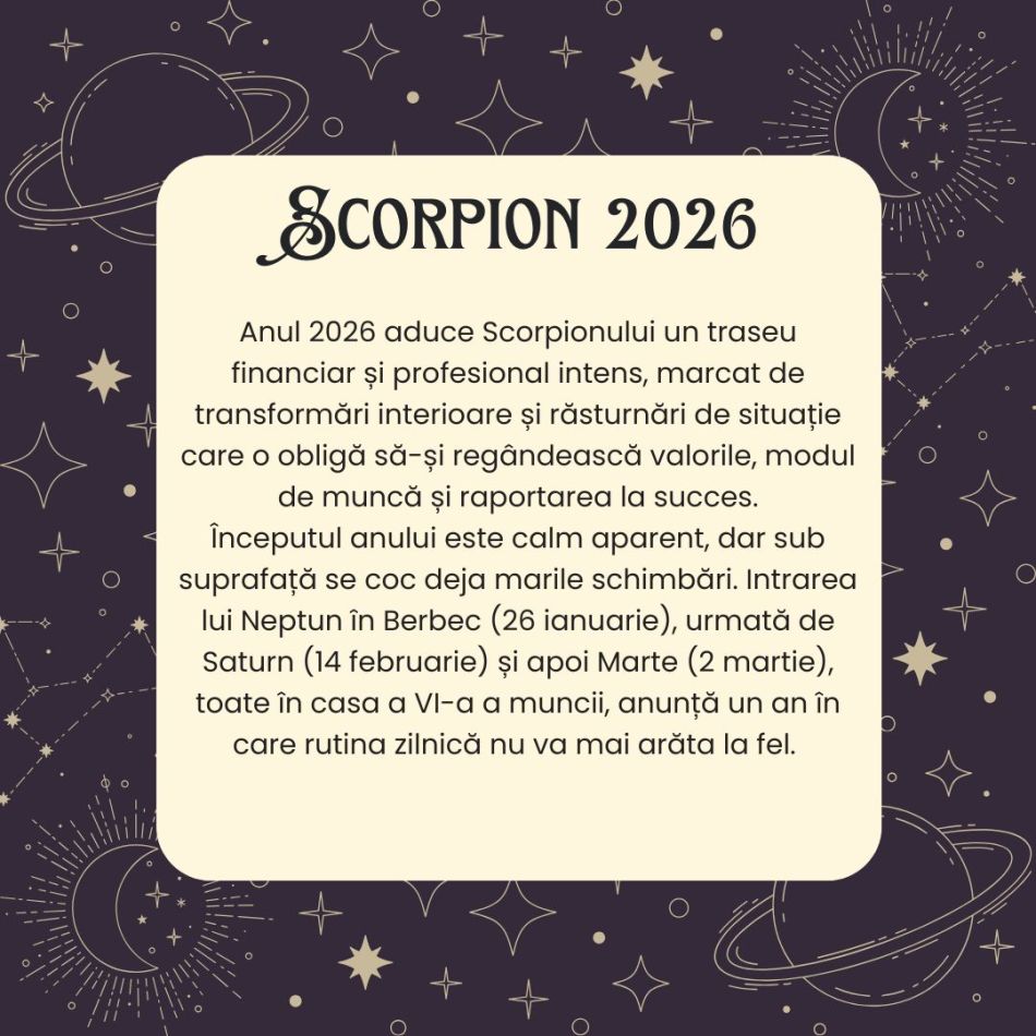 Horoscop SCORPION 2026 – Obstacolele îți testează limitele. Suișurile și coborâșurile te vor ajuta să îți redescoperi nevoile