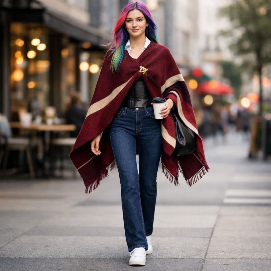 5 moduri de a purta o eșarfă tip poncho („păturică” șic) în sezonul primăvară–toamnă: outfituri moderne și foarte stilate