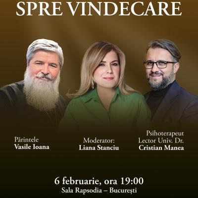 Părintele Vasile Ioana și Dr. Cristian Manea,  în fața publicului, la Sala Rapsodia