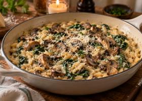 Orzo cremos cu ciuperci, spanac și parmezan – cină rapidă într-o singură tigaie