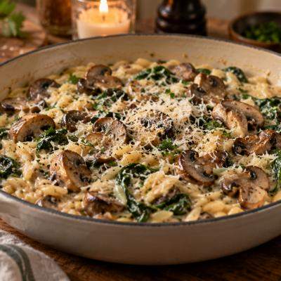 Orzo cremos cu ciuperci, spanac și parmezan: cina într-o singură tigaie care pare mai sofisticată decât este