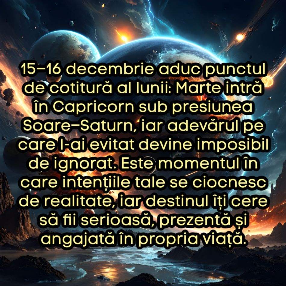 15–16 Decembrie: Momentul critic din decembrie. Marte pășește în Capricorn sub presiunea Soare–Saturn
