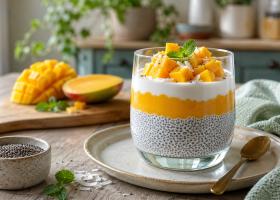 Budincă rece de chia cu mango și iaurt: desertul sănătos de vară care arată spectaculos în pahar