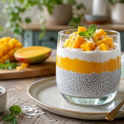 Budincă rece de chia cu mango și iaurt: desertul sănătos de vară care arată spectaculos în pahar