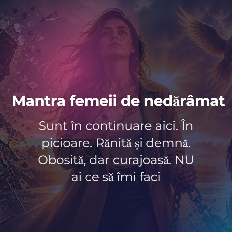 Mantra femeii de nedărâmat: Sunt în continuare aici. În picioare. Rănită și demnă. Obosită, dar curajoasă. NU ai ce să îmi faci
