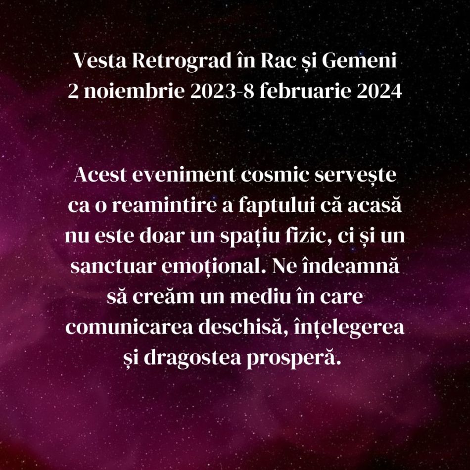 Vesta Retrograd în Rac și Gemeni până în februarie 2024. Energia întunecată a traumei este transformată în lumină