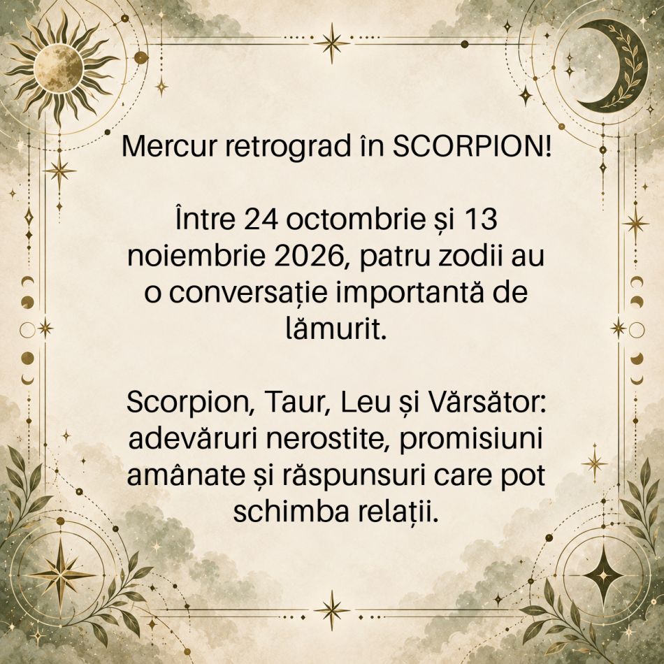 Mercur retrograd în Scorpion, până pe 13 noiembrie 2026: 4 zodii trebuie să lămurească o conversație rămasă în aer