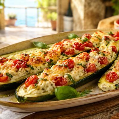 Dovlecei umpluți cu ricotta, roșii și mozzarella: cina de vară ușoară care se rumenește spectaculos la cuptor