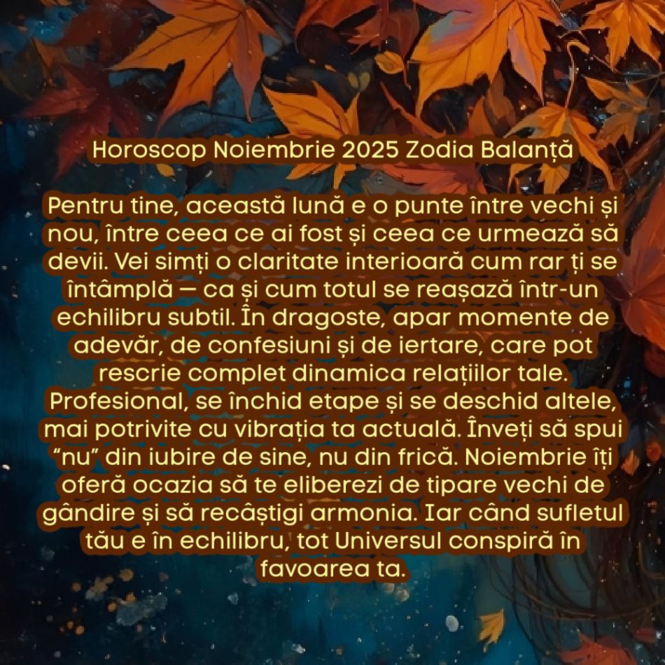 Horoscop Noiembrie 2025. Ultima lună de toamnă, ultimul prag. Luna iertării karmice. Eliberăm trecutul, recâștigăm pacea