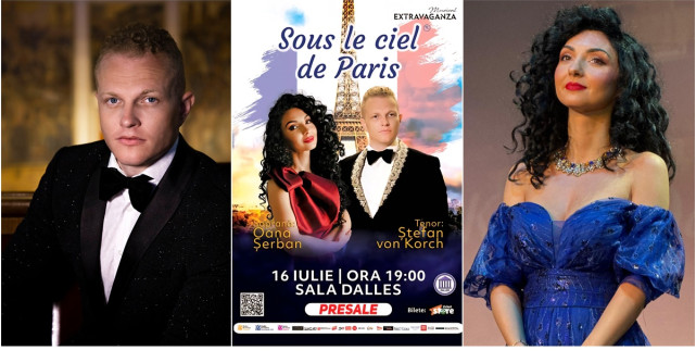 SOUS LE CIEL DE PARIS - rafinamentul muzicii franceze, cu ŞTEFAN von KORCH şi  OANA MARIA ŞERBAN pe 16 iulie la Sala Dalles