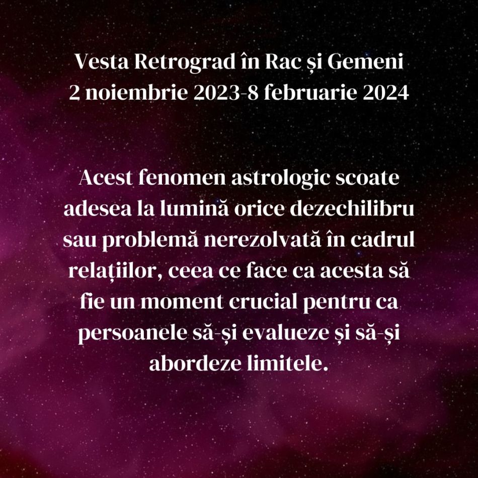 Vesta Retrograd în Rac și Gemeni până în februarie 2024. Energia întunecată a traumei este transformată în lumină