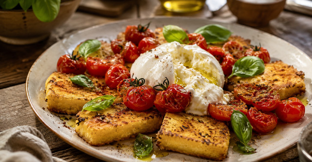 Mămăligă crocantă cu burrata și roșii coapte: combinația spectaculoasă care transformă câteva ingrediente într-o cină elegantă