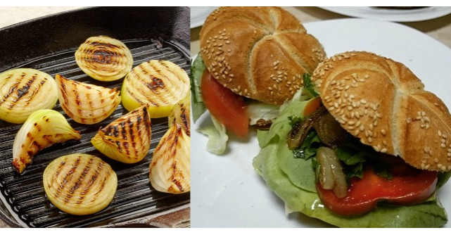 Adauga rondele de ceapa in tigaie. In cinci minute face cel mai bun sandwich (este VEGAN)