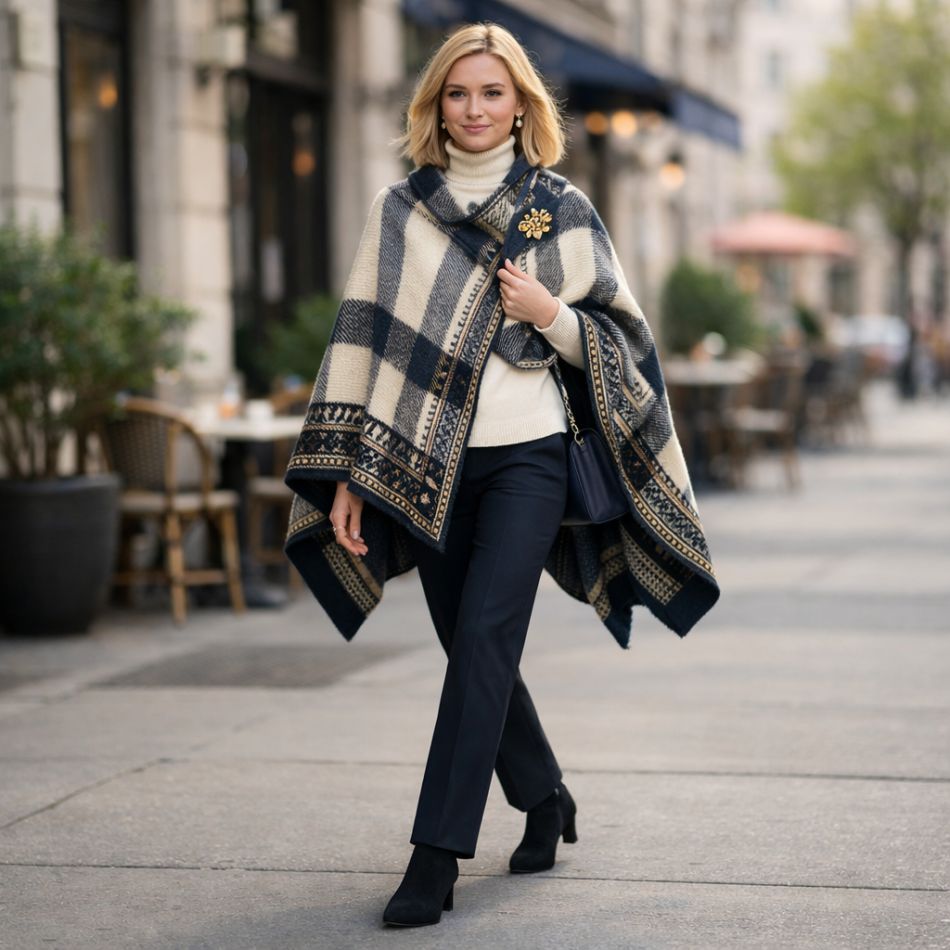 5 moduri de a purta o eșarfă tip poncho („păturică” șic) în sezonul primăvară–toamnă: outfituri moderne și foarte stilate