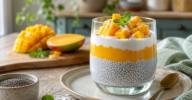 Budincă rece de chia cu mango și iaurt: desertul sănătos de vară care arată spectaculos în pahar