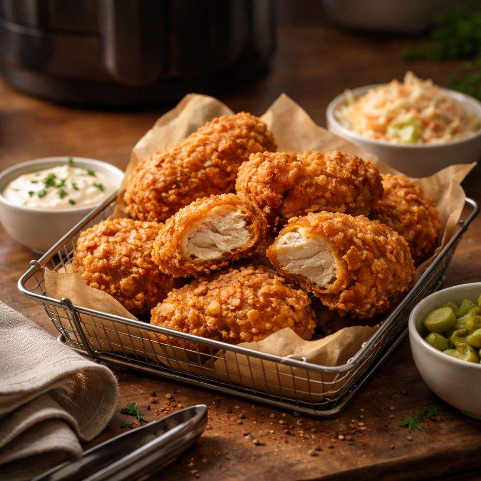 Rețete care te fac să îți lase gura apă: pui crocant la air fryer în 3 variante (șnițel, crispy, strips)