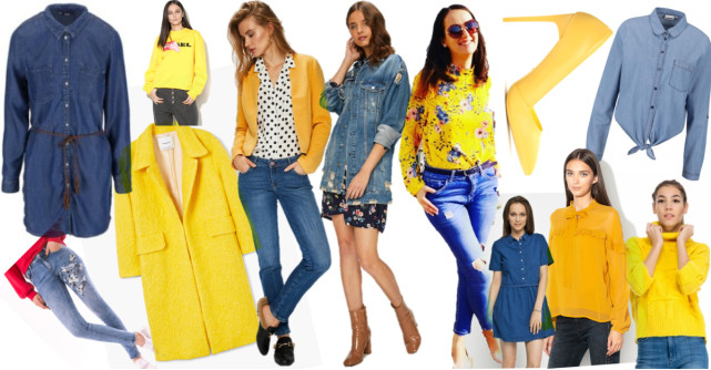 3 idei de ținute cu denim albastru combinat cu piese galbene