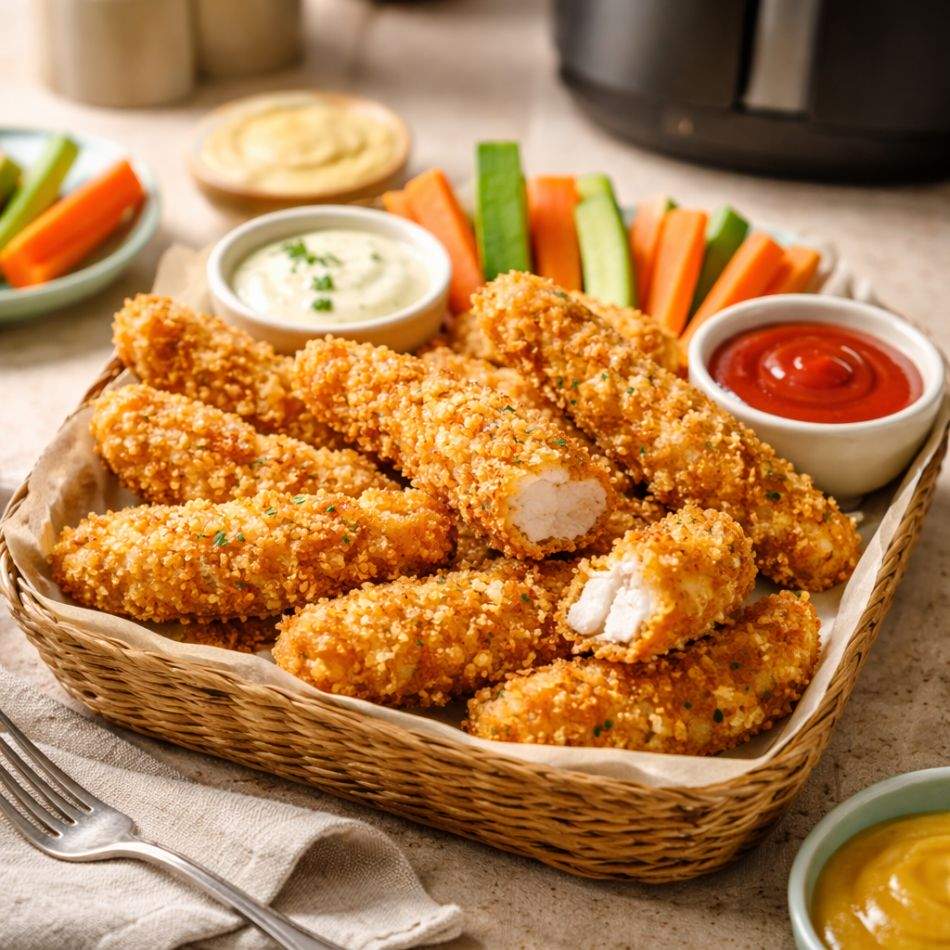 Rețete care te fac să îți lase gura apă: pui crocant la air fryer în 3 variante (șnițel, crispy, strips)