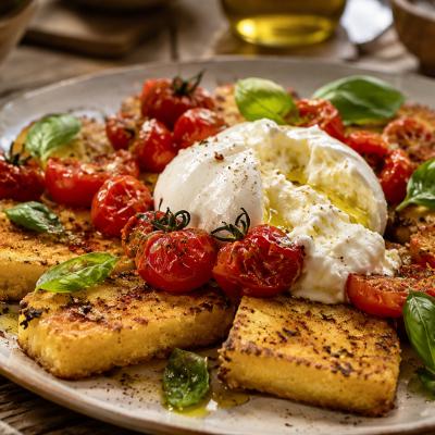 Mămăligă crocantă cu burrata și roșii coapte: combinația spectaculoasă care transformă câteva ingrediente într-o cină elegantă
