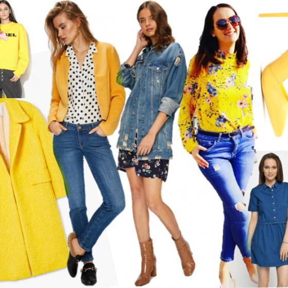 3 idei de ținute cu denim albastru combinat cu piese galbene