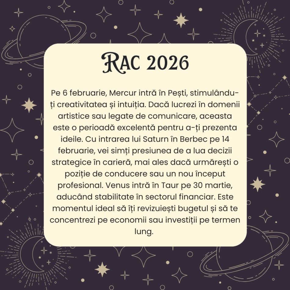 Horoscop RAC 2026 – A sosit momentul să nu-ți mai ignori intuiția și să o lași să te călăuzească spre noi culmi