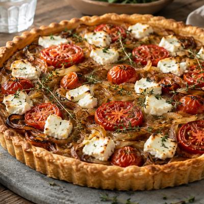 Tartă sărată cu roșii, ceapă caramelizată și brânză de capră: rețeta simplă care arată ca scoasă dintr-un bistro