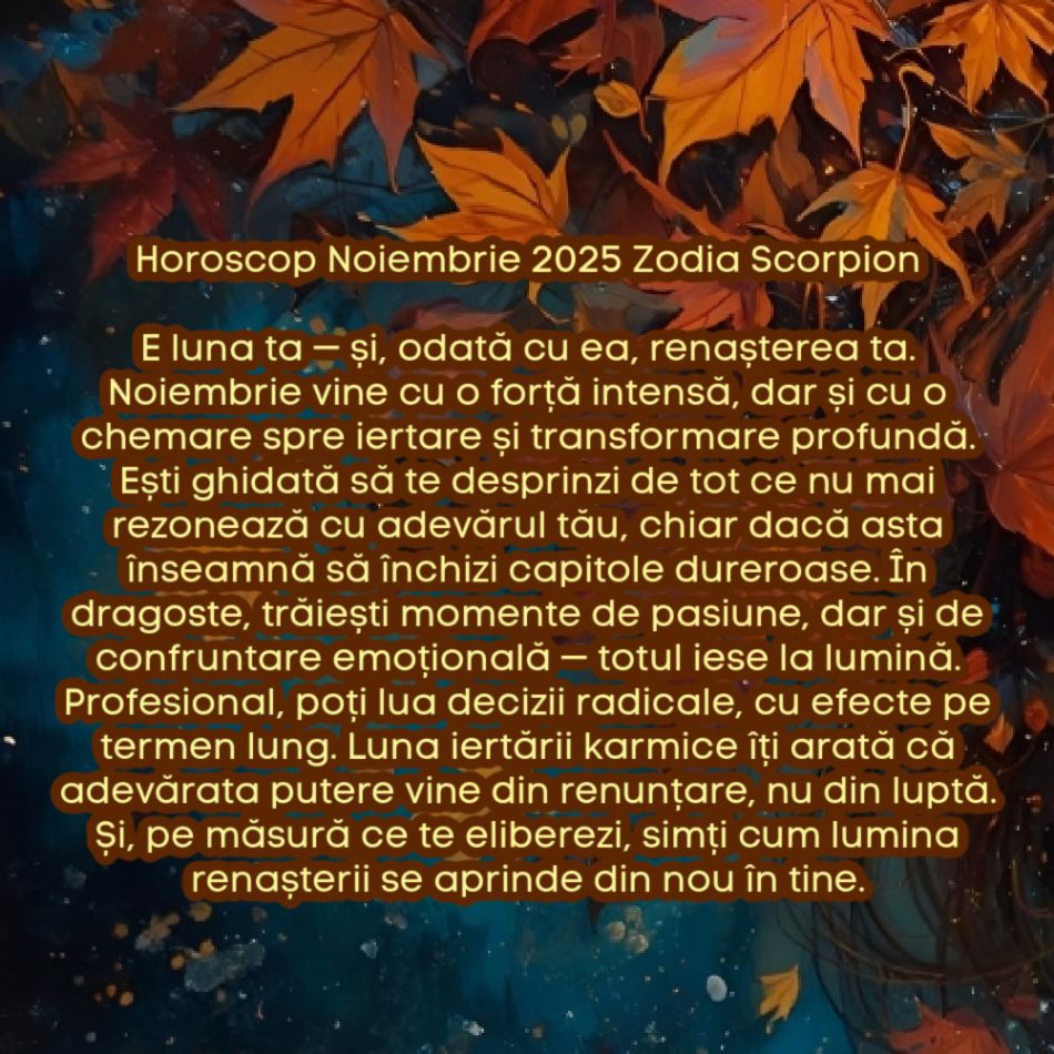 Horoscop Noiembrie 2025. Ultima lună de toamnă, ultimul prag. Luna iertării karmice. Eliberăm trecutul, recâștigăm pacea
