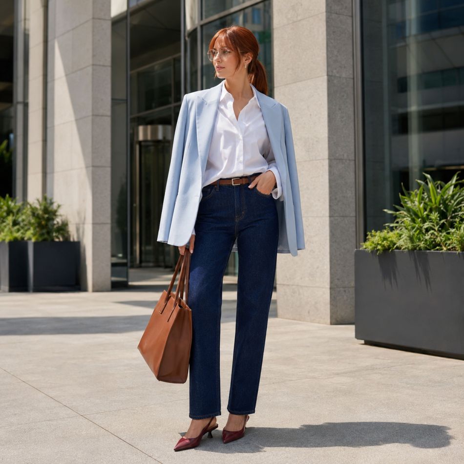 Denim închis la culoare: 5 ținute care arată mai elegant decât blugii clasici și se potrivesc de dimineață până seara