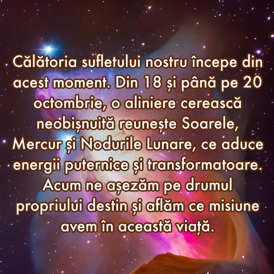 18-20 octombrie: Aliniere între Soare, Mercur și Nodurile Lunare. Aflăm ce misiune avem în această viață