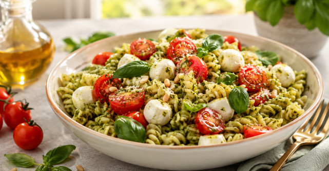 Salată de paste cu pesto, roșii cherry și mozzarella: cina rece de vară care se face din timp