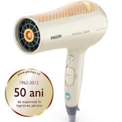 Uscator de par Philips ActiveCare HP8270/00, Putere 2300W, 6 trepte de viteza si temperatura, Cablu 2,50 metri, Buton de aer rece, Senzor TempPrecision (Alb / Auriu)